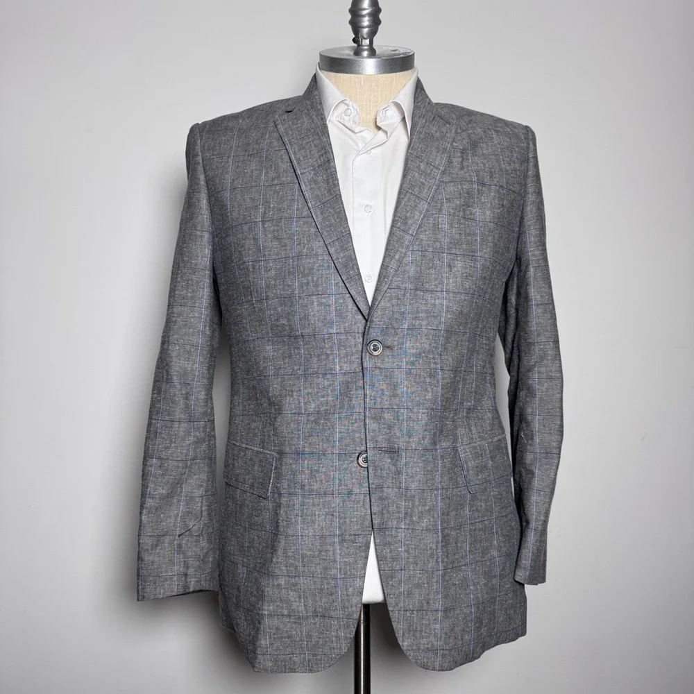 Tasso‎ Elba Island Blazer Mens L 42-44 Gray Windowpane Linen Cotton Sport Coat
